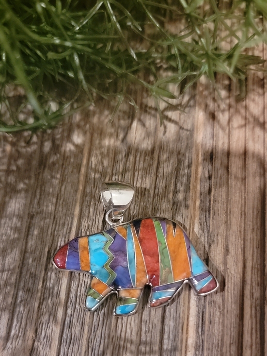 Hand Crafted Jewelry - Sterling Silver Bear Mosaic Inlay Pendant -
